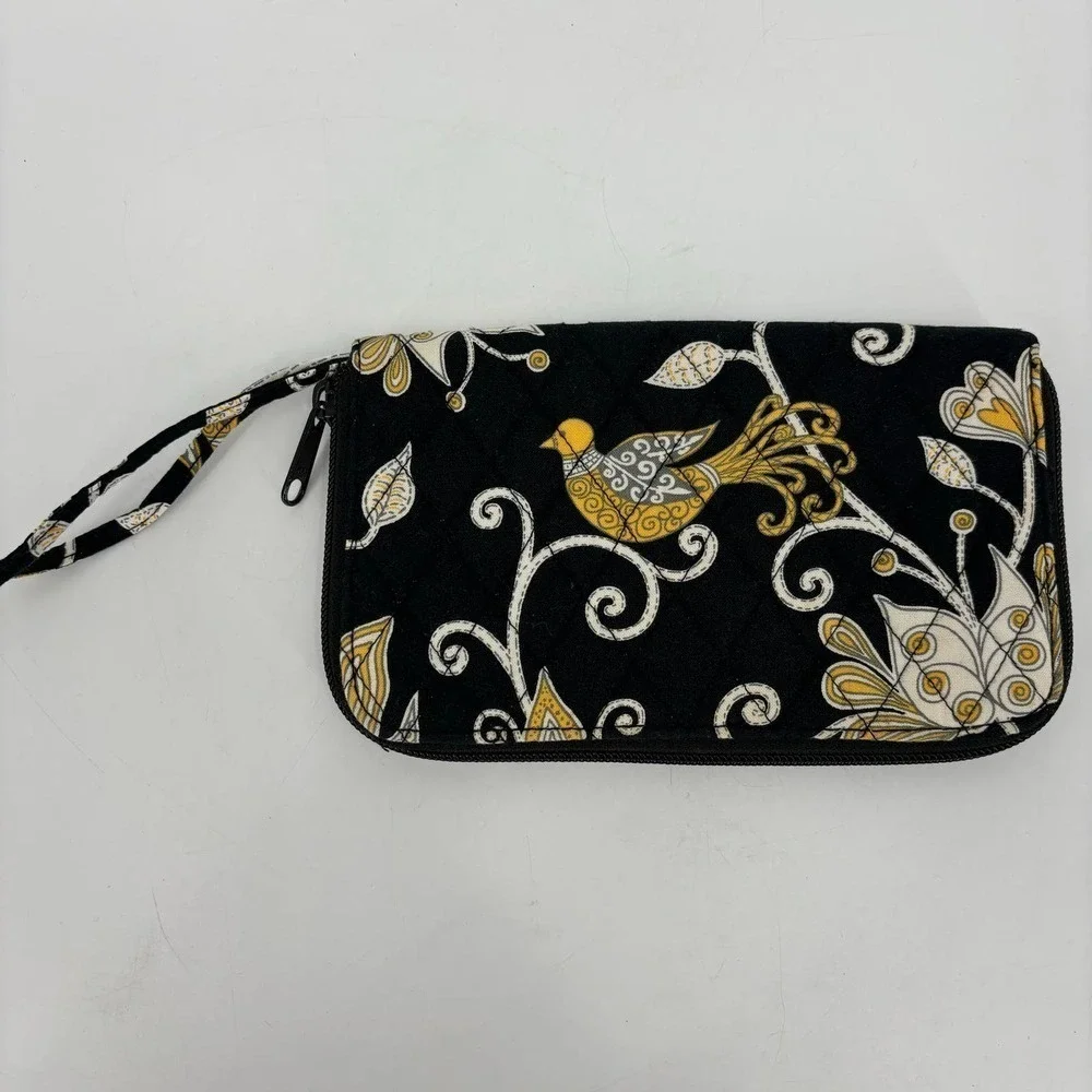 Vera Bradley Zip Around Wallet Wristlet Quilted Black Yellow Brid Floral 8 Inch - Picture 4 of 8
